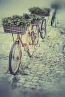 Fahrrad mit Blumenkasten im Retro-Stil