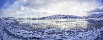 Snowy Beach panorama in Norway winter