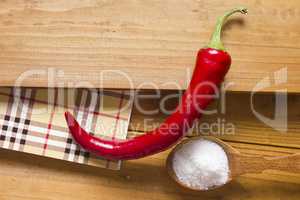 Chili pepper and salt in a wooden spoon