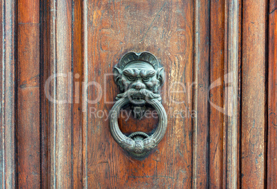 Iron lion doorknob on wooden door