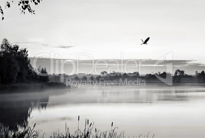 The morning landscape with sunrise over water in the fog. Black