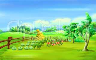 Haystack in a Garden Under Blue Sky in a Summer Day