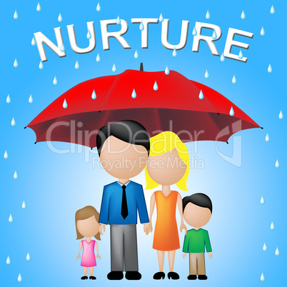 Nurture Kids Shows Umbrellas Supporting And Offspring