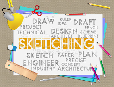 Sketching word shows drawing creativity and designer