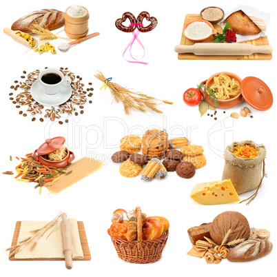 collage of bread, pasta, cakes and biscuits isolated on white ba