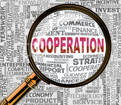 Cooperation Magnifier Indicates Team Work And Collaborate