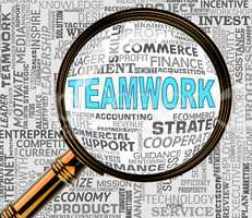 Teamwork Magnifier Represents Cooperation Searching And Magnifying