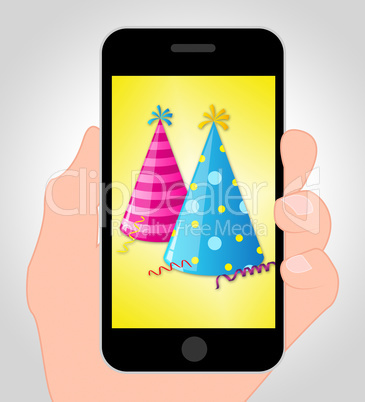 Party Hats Online Indicates Mobile Phone And Celebrate