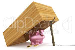 Piggy bank is under wooden box as a mousetrap