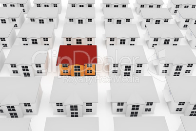 Colored house among gray houses, 3D-Illustration