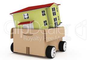 House in a box with wheels, 3D-illustration