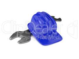 Construction helmet with a wrench, 3d rendering