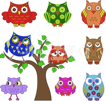 Set of ornamental colorful owls with tree