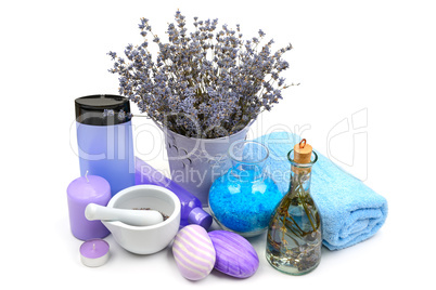 lavender, scented candles, soap and shampoo isolated on white ba
