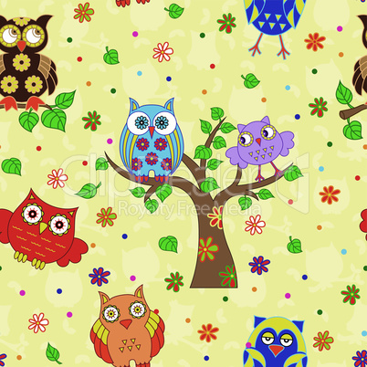 Colourful owl and tree seamless pattern over yellow