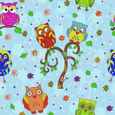 Funny owls and tree seamless pattern over blue