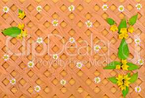 wood background, decorative grille, white daisies and pattern of