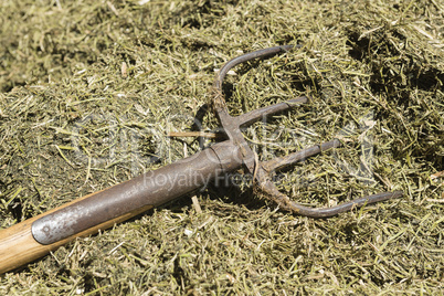 Traditional manure fork on a bale of cattle feed.