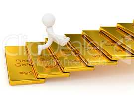 Small character on gold bar stairs, 3d rendering