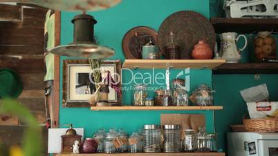 Cafe's shelves with various food ingredients