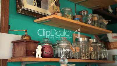 Old vintage kitchen shelves with seasonings