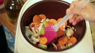 Woman hands stirring vegetables in Multicooker