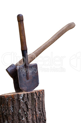 Stump with axe and shovel