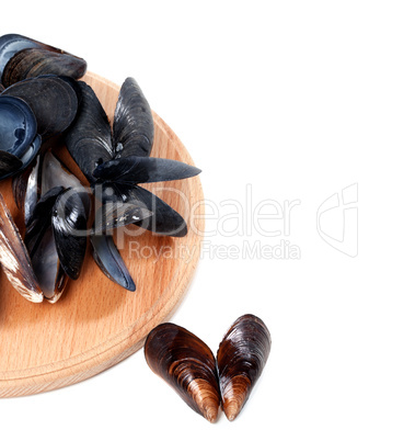Shells of mussels on cutting board
