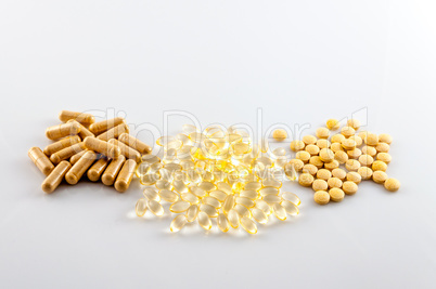 Closeup of various pills of supplement