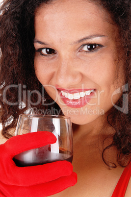 Smiling woman with wineglass.