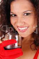 Smiling woman with wineglass.