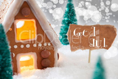 Gingerbread House, Silver Background, God Jul Means Merry Christmas