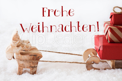 Reindeer With Sled On Snow, Frohe Weihnachten Means Merry Christmas