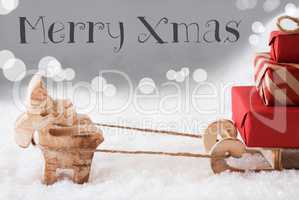 Reindeer With Sled, Silver Background, Text Merry Xmas