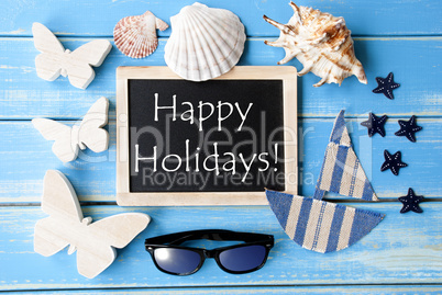 Blackboard With Maritime Decoration And Text Happy Holidays