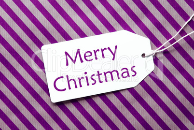 Label On Purple Wrapping Paper, Text Merry Christmas