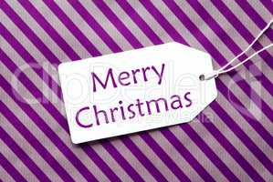 Label On Purple Wrapping Paper, Text Merry Christmas
