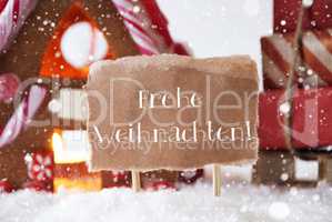 Gingerbread House With Sled, Snowflakes, Frohe Weihnachten Means Merry Christmas