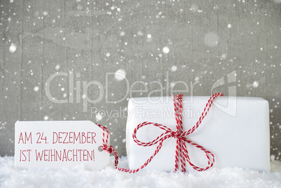 Gift, Cement Background With Snowflakes, Weihnachten Means Christmas