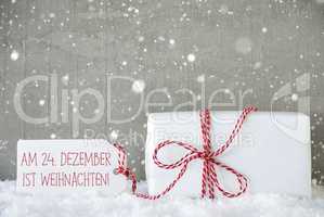 Gift, Cement Background With Snowflakes, Weihnachten Means Christmas