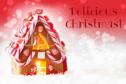 Gingerbread House, Red Background, Text Delicious Christmas