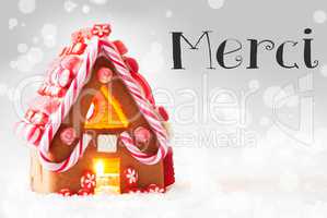 Gingerbread House, Silver Background, Merci Means Thank You