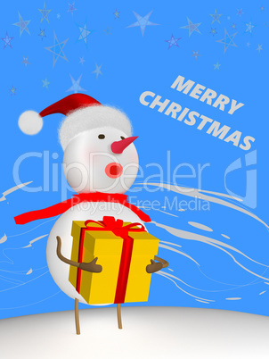 Snowman with santa hat carrying package