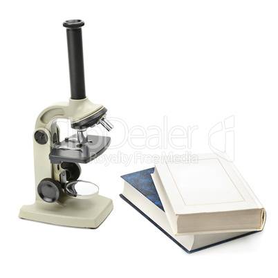 laboratory microscope and books isolated on white background