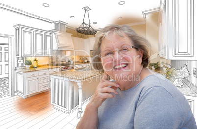 Senior Woman Over Custom Kitchen Design Drawing and Photo