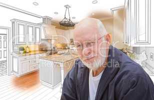 Senior Man Over Custom Kitchen Design Drawing and Photo
