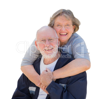 Happy Senior Couple Hugging and Laughing on White