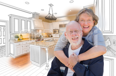 Senior Couple Over Custom Kitchen Design Drawing and Photo