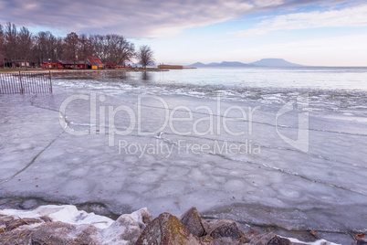 Frozen lake Balaton of Hungary, near from village Balatongyorok