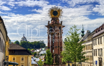 Plague column in the Trinity Square and new castle, Banska Stiavnica, Slovakia